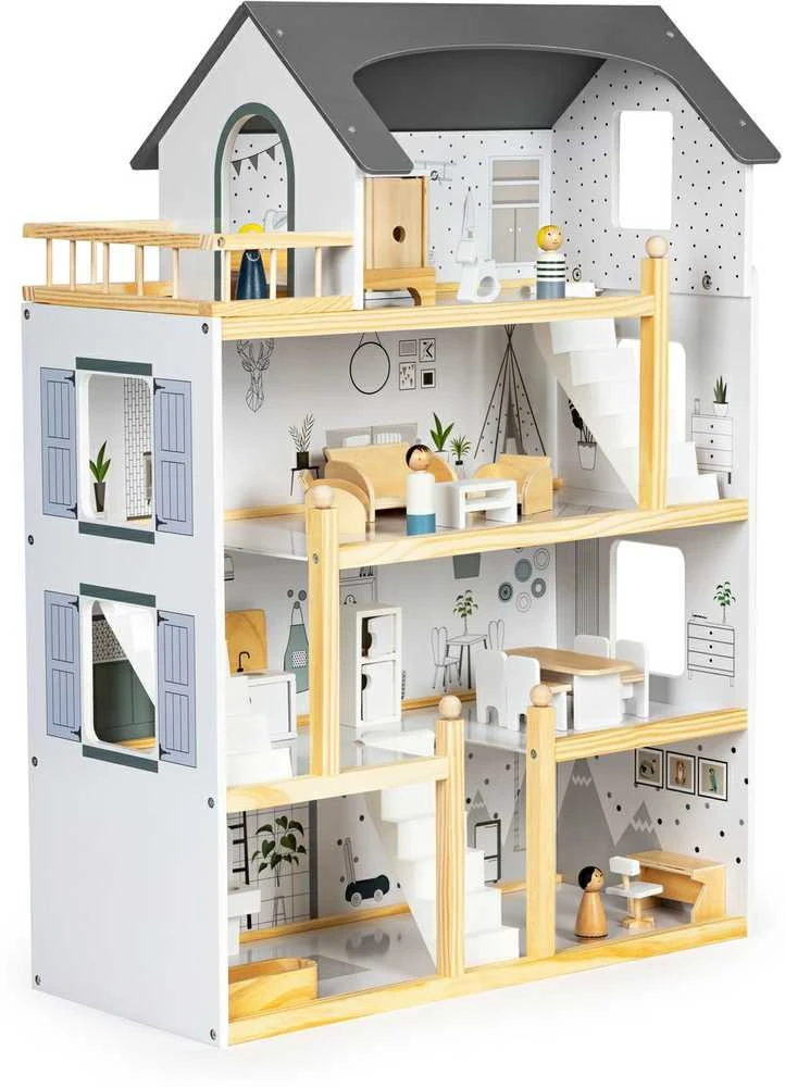 Lėlių namelis su 17 medinių baldų komplektu ECOTOYS