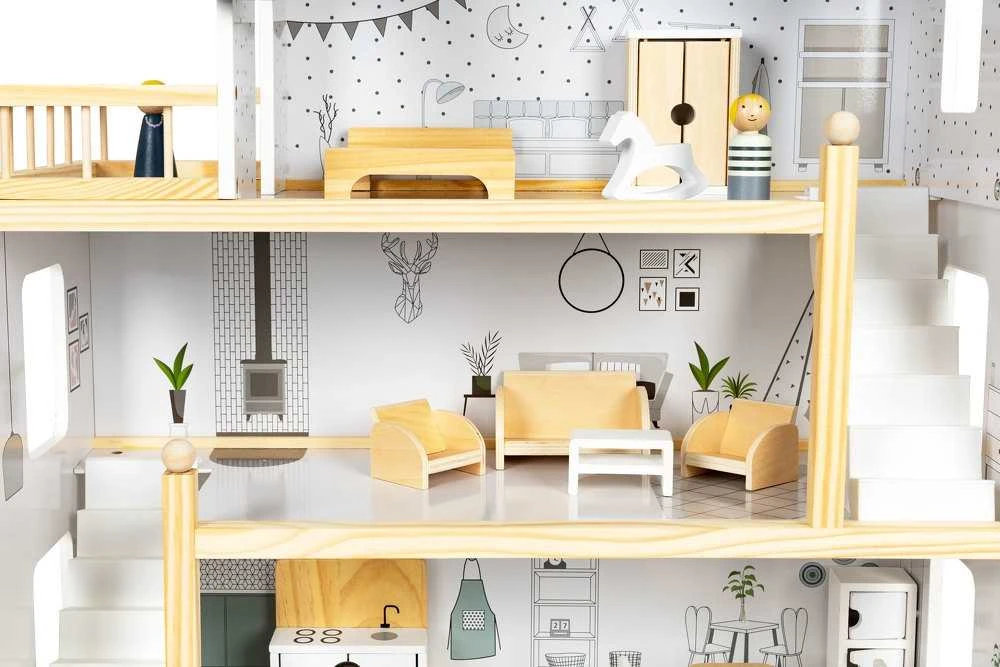 Lėlių namelis su 17 medinių baldų komplektu ECOTOYS