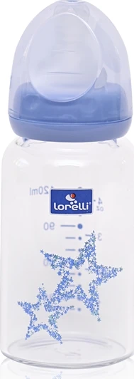 Lorelli Classic Stiklinis maitinimo buteliukas Lorelli, su anti-colic čiulptuku, 120 ml, mėlynas