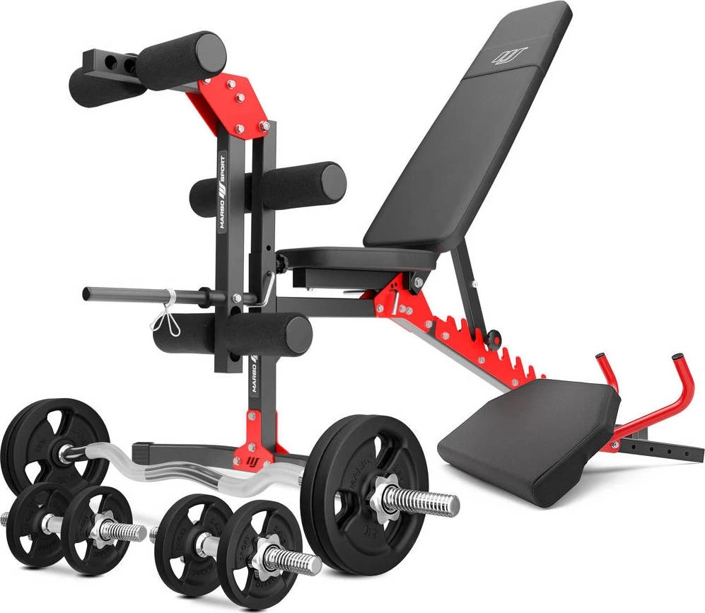 Marbo Sport Komplektas MH1_68KG_KIER | reguliuojamas suoliukas + kojų presas + maldos baras (įkišamas) + rankenų ir svarmenų rinkinys 4