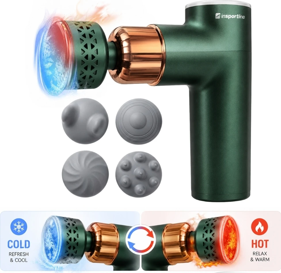 Massage Gun with Heated/Cooling Attachment inSPORTline ChillFrost • 1,800 mAh • 1,600–2,800 RPM • Up to 6 mm