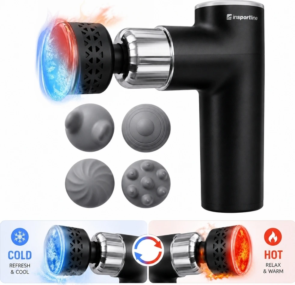 Masažo pistoletas su šildomu/vėsinamu antgaliu inSPORTline ChillFrost • 1800 mAh • 1600–2800 RPM • Iki 6 mm