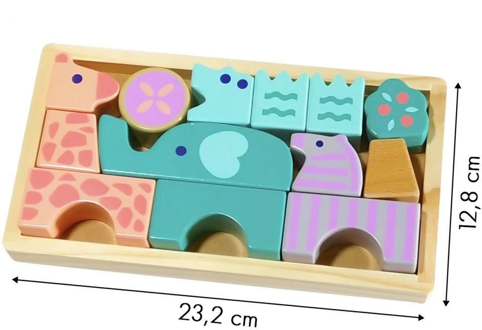 Medinės kaladėlės Gyvūnai Ecotoys, 13 vnt.