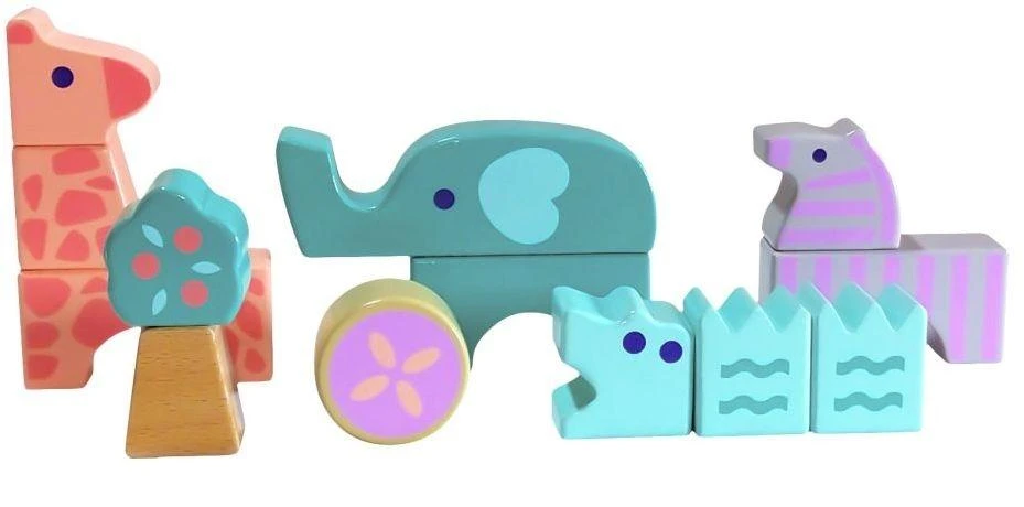 Medinės kaladėlės Gyvūnai Ecotoys, 13 vnt.