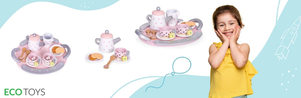 Medinis arbatos puodelių ir virdulio rinkinys, 15 dalių, ECOTOYS