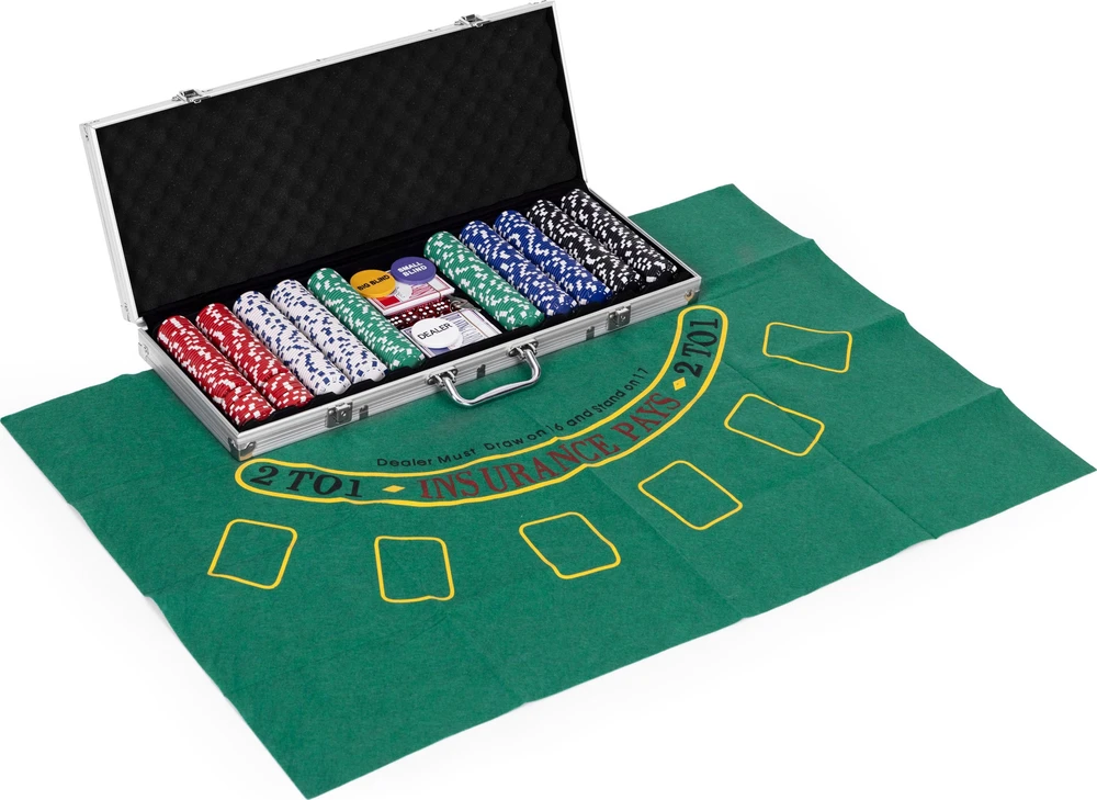 Modernhome Didelis pokerio ir blackjack žaidimų rinkinys su 90x60 cm kilimėliu