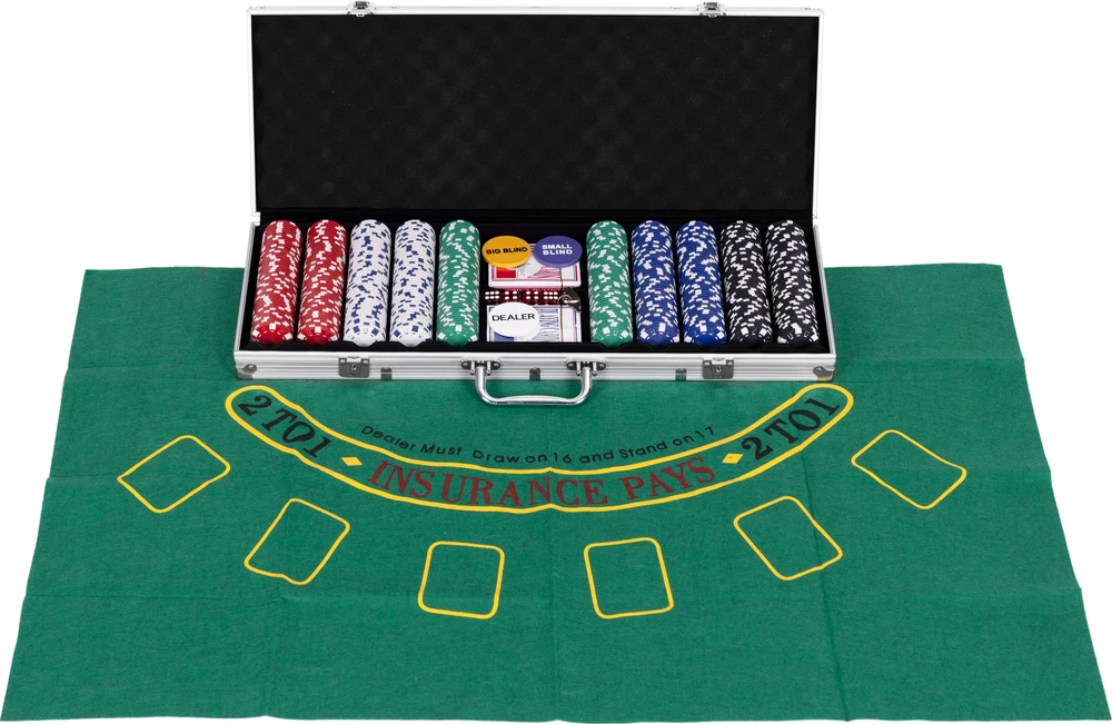 Modernhome Didelis pokerio ir blackjack žaidimų rinkinys su 90x60 cm kilimėliu