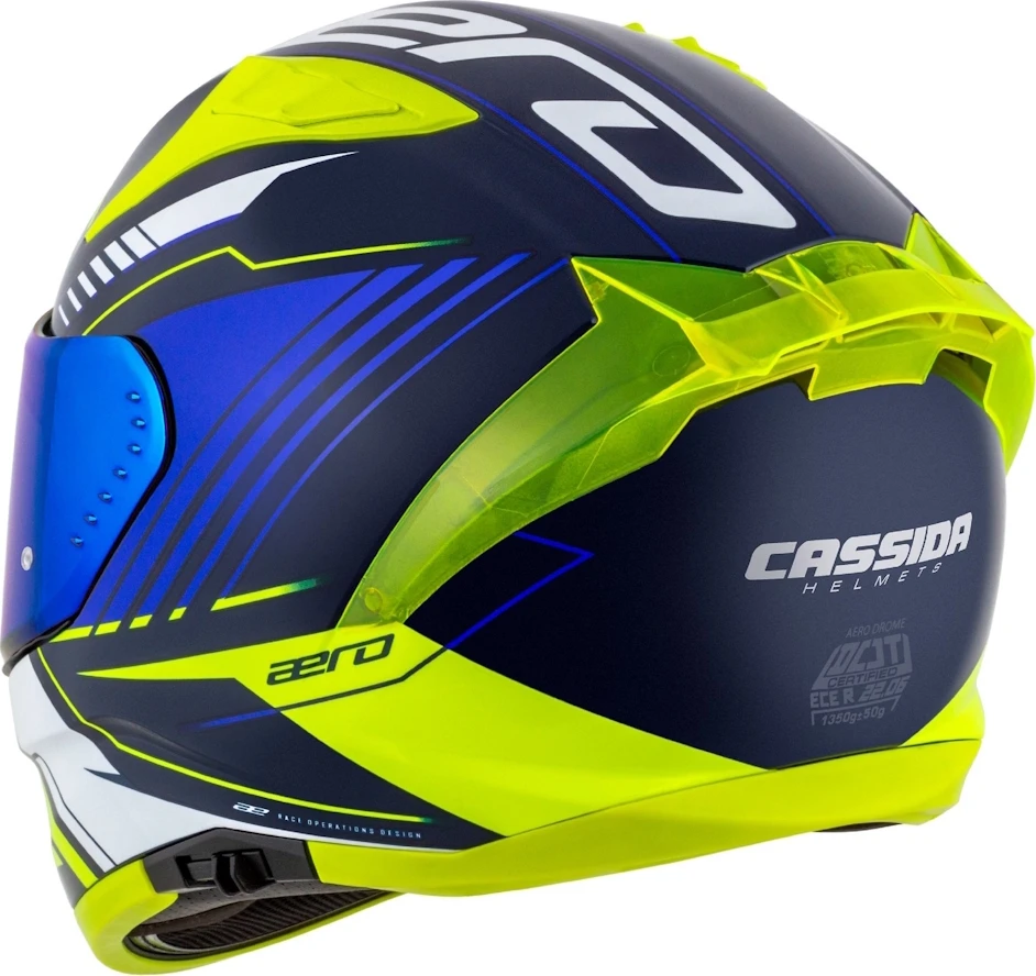 Motociklininko šalmas Cassida Aero Drome mėlynas / fluorescencinis geltonas / šviesiai mėlynas / baltas