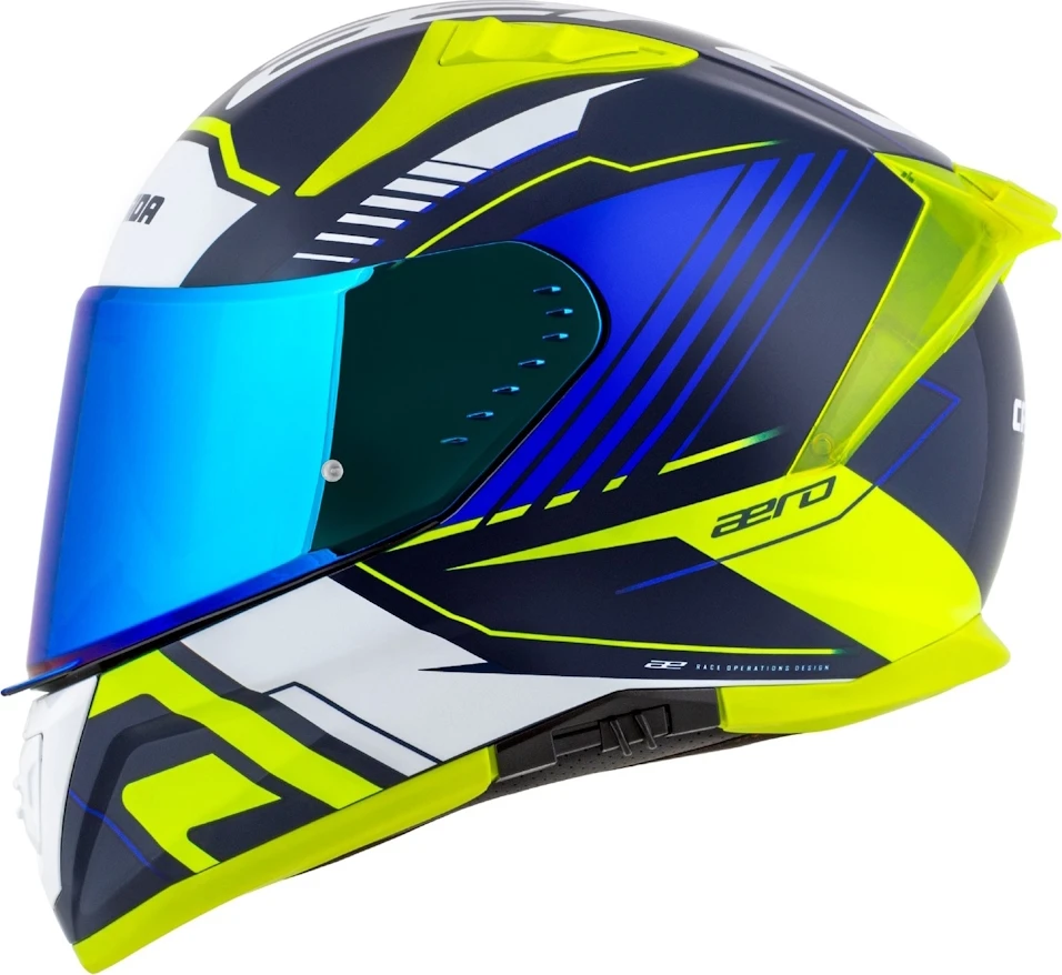 Motociklininko šalmas Cassida Aero Drome mėlynas / fluorescencinis geltonas / šviesiai mėlynas / baltas