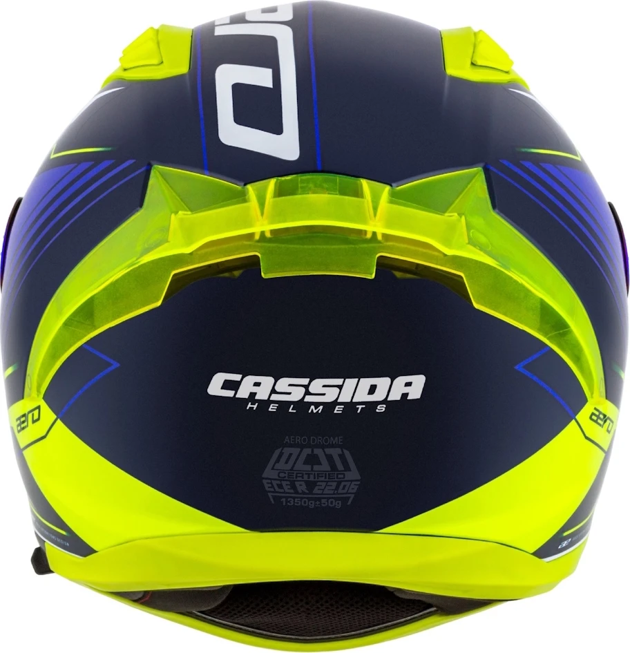 Motociklininko šalmas Cassida Aero Drome mėlynas / fluorescencinis geltonas / šviesiai mėlynas / baltas