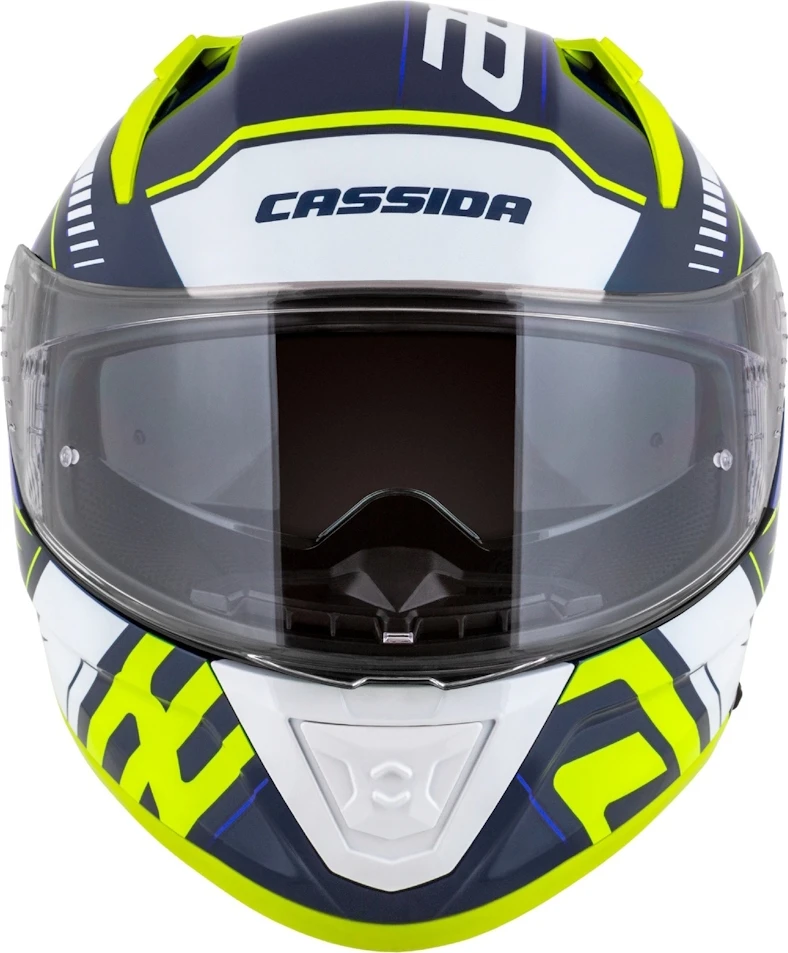 Motociklininko šalmas Cassida Aero Drome mėlynas / fluorescencinis geltonas / šviesiai mėlynas / baltas