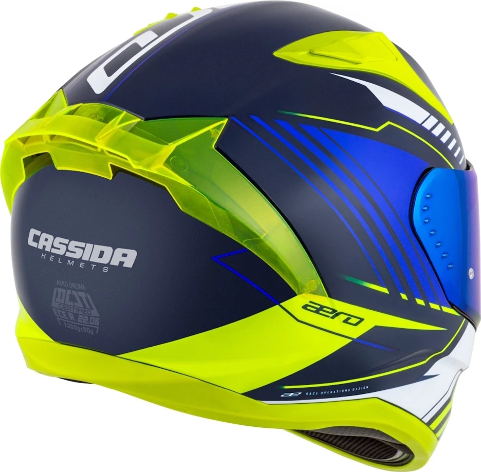 Motociklininko šalmas Cassida Aero Drome mėlynas / fluorescencinis geltonas / šviesiai mėlynas / baltas