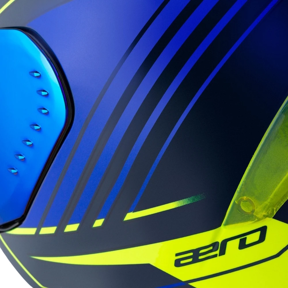 Motociklininko šalmas Cassida Aero Drome mėlynas / fluorescencinis geltonas / šviesiai mėlynas / baltas