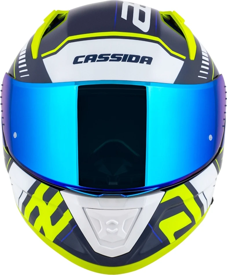 Motociklininko šalmas Cassida Aero Drome mėlynas / fluorescencinis geltonas / šviesiai mėlynas / baltas