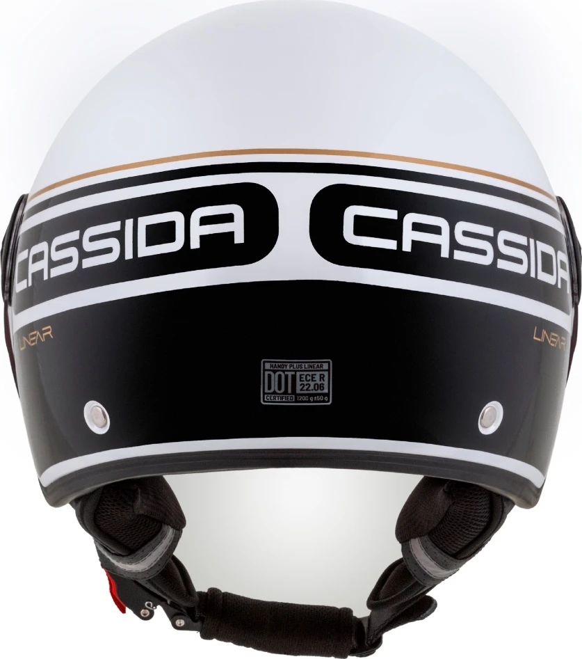 Motociklo šalmas Cassida Handy Plus Linear perlamutrinis baltas/juodas/auksinis