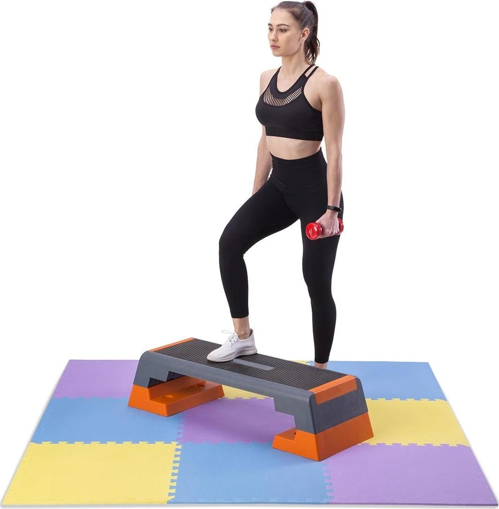 Sudedamas kilimėlis treniruotėms One Fitness MP10 geltonas-mėlynas-purpurinis, 60x60x1.0cm (9 dalių)