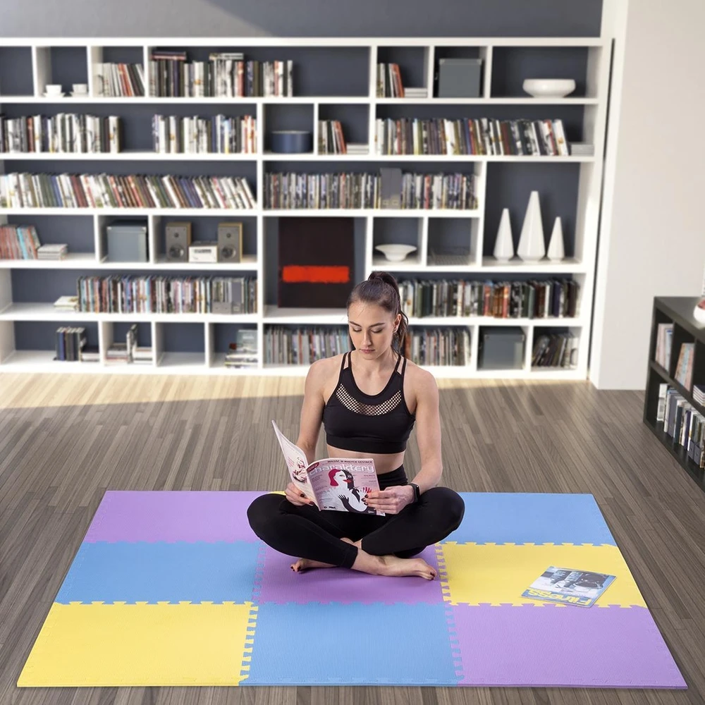 Sudedamas kilimėlis treniruotėms One Fitness MP10 geltonas-mėlynas-purpurinis, 60x60x1.0cm (9 dalių)