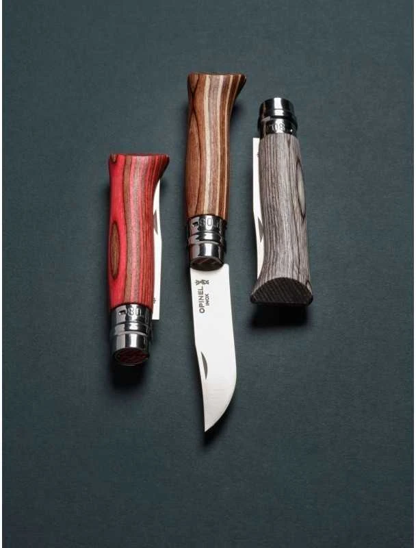 Peilis Opinel Nr.8 Laminated Brown nerūdijančio plieno ašmenimis ir ruda beržo rankena