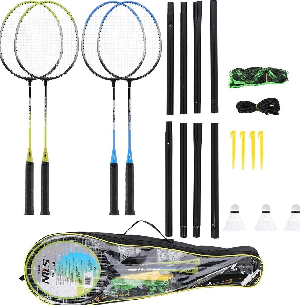 Nils Extreme Plieninis badmintono rinkinys NRZ014 NILS: 4 raketės, 3 plunksninukai, tinklas 195x22 cm ir dėklas