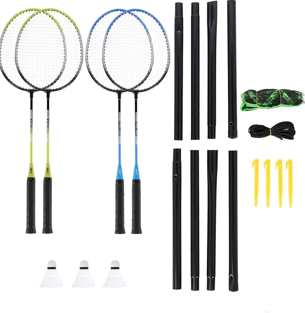 Nils Extreme Plieninis badmintono rinkinys NRZ014 NILS: 4 raketės, 3 plunksninukai, tinklas 195x22 cm ir dėklas