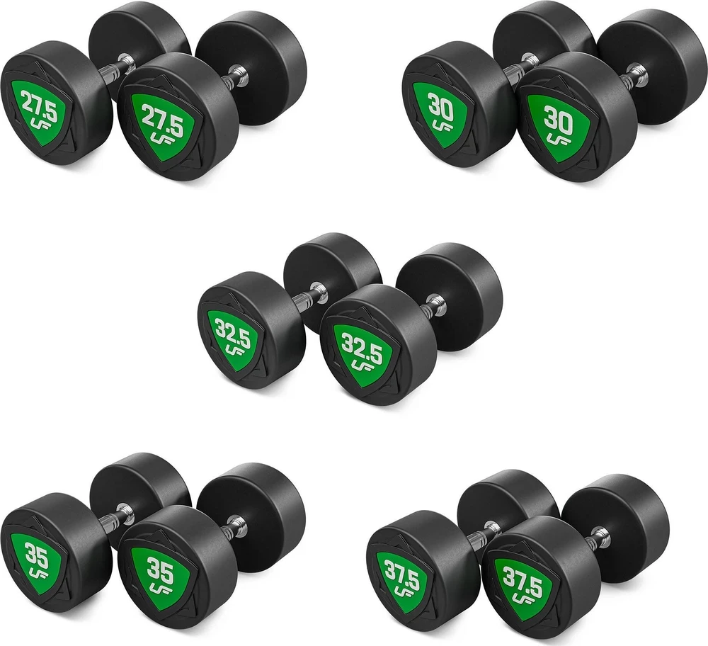 Poliuretaninių fiksuoto svorio hantelių rinkinys 27,5–37,5kg (žingsnis 2,5kg) 325 kg – UpForm
