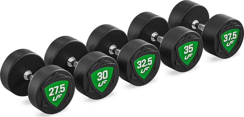 Poliuretaninių fiksuoto svorio hantelių rinkinys 27,5–37,5kg (žingsnis 2,5kg) 325 kg – UpForm