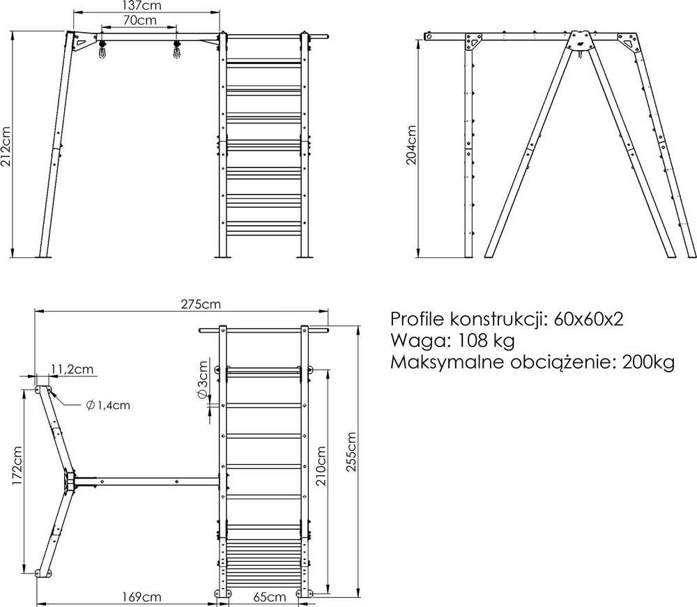 PREMIUM kopėčios - MO-016 + PREMIUM kopėčių 1 stovo sūpynės - MO-017 - Marbo Sport