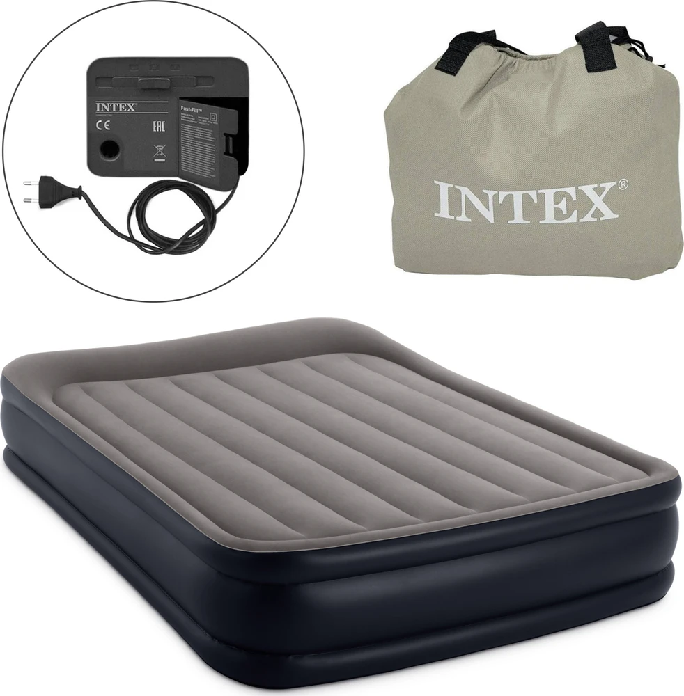 Pripučiamas čiužinys-lova INTEX Queen Deluxe Pillow Rest, Airbed W/Fiber-Tech RP su pompa,152x203x42cm