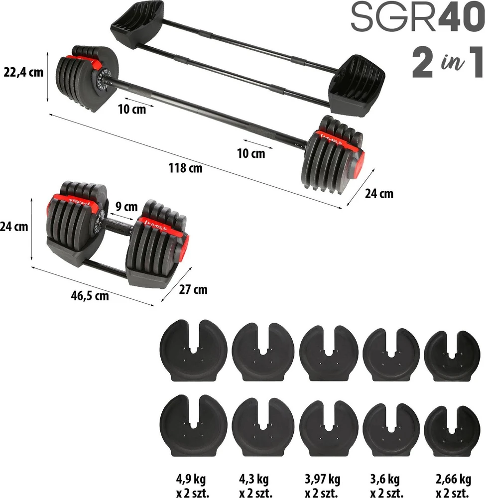 Reguliuojamų hantelių rinkinys 2 viename SGR40 PRO 40 kg HMS