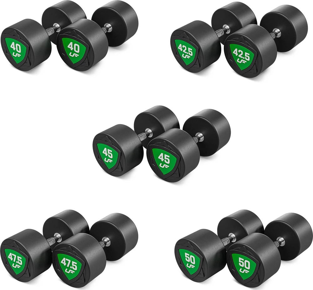 Poliuretaninių fiksuotų hantelių rinkinys 40–50 kg (žingsnis 2,5kg) 450 kg – UpForm