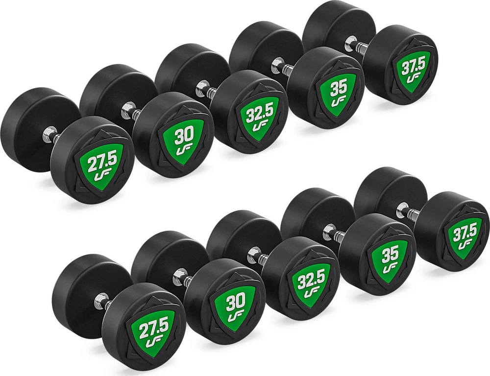 Poliuretaninių fiksuoto svorio hantelių rinkinys 27,5–37,5kg (žingsnis 2,5kg) 325 kg – UpForm