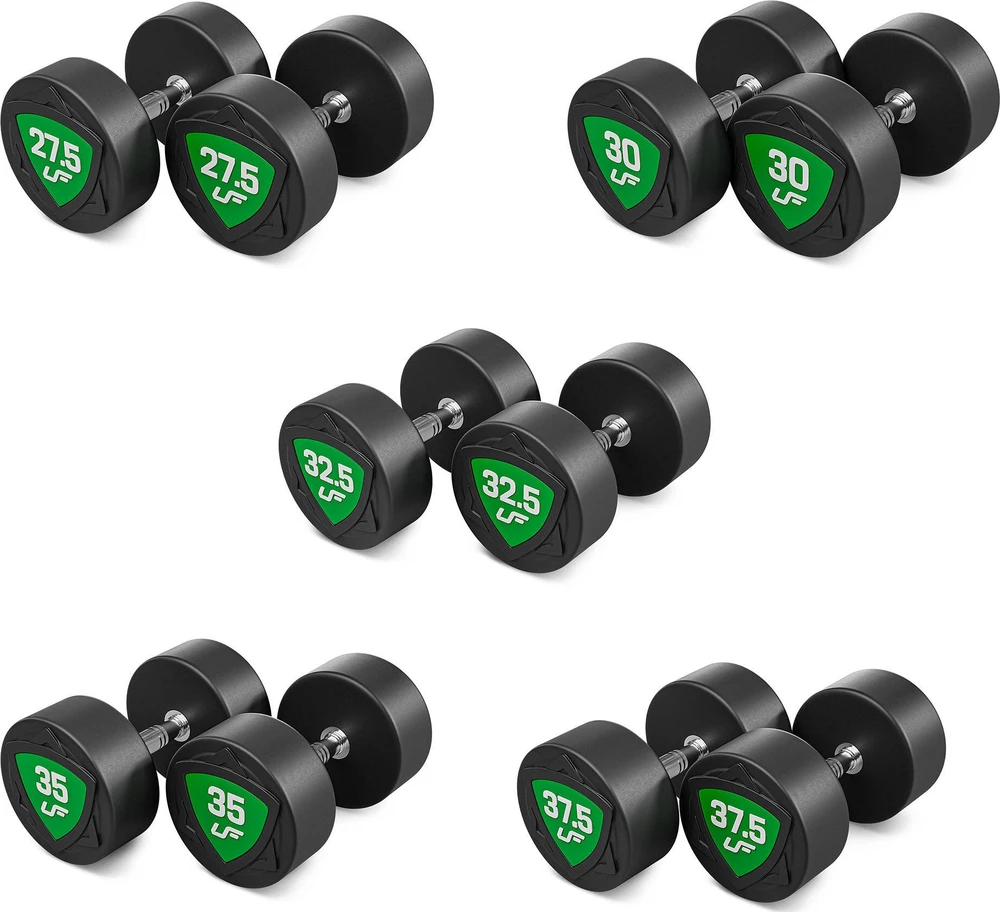Poliuretaninių fiksuoto svorio hantelių rinkinys 27,5–37,5kg (žingsnis 2,5kg) 325 kg – UpForm