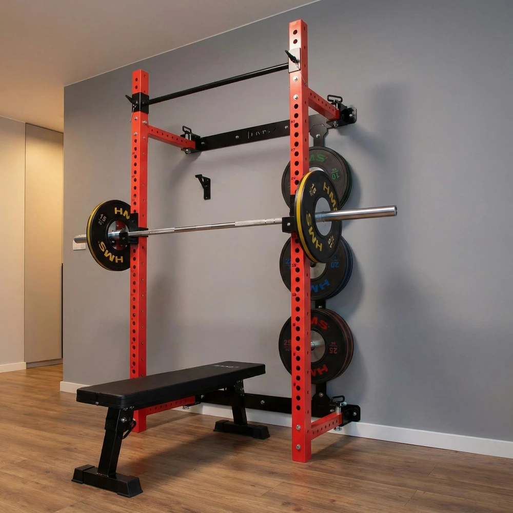 Prie sienos tvirtinama slankiojanti jėgos gardelė su suoliuku KLT34, raudona, HMS Fitness