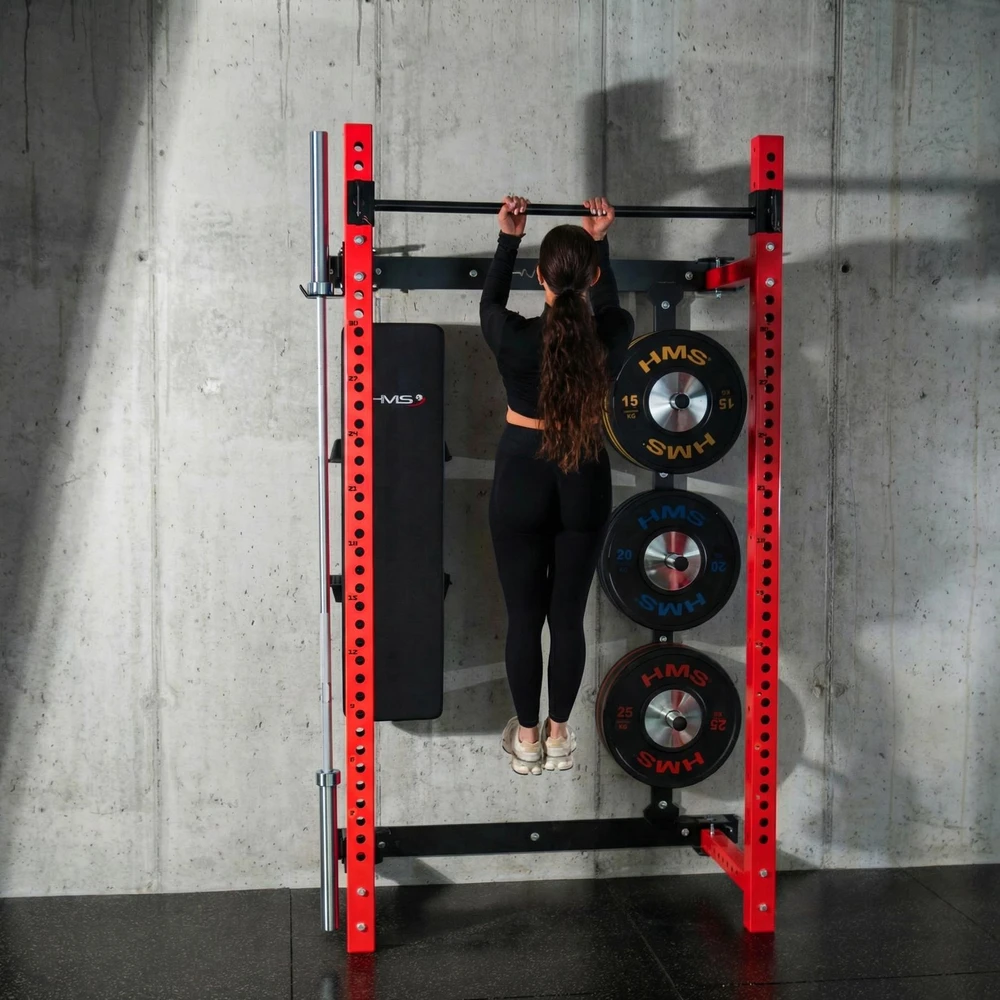 Prie sienos tvirtinama slankiojanti jėgos gardelė su suoliuku KLT34, raudona, HMS Fitness