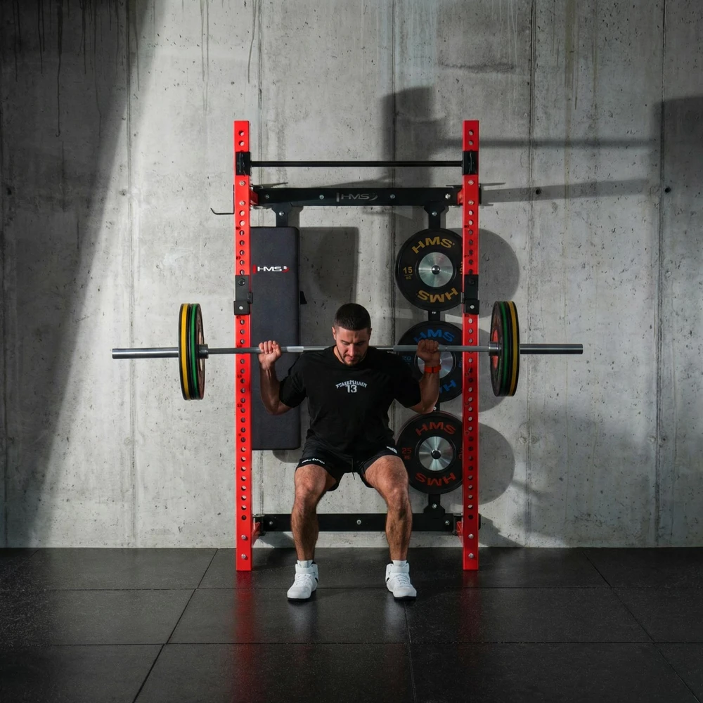 Prie sienos tvirtinama slankiojanti jėgos gardelė su suoliuku KLT34, raudona, HMS Fitness