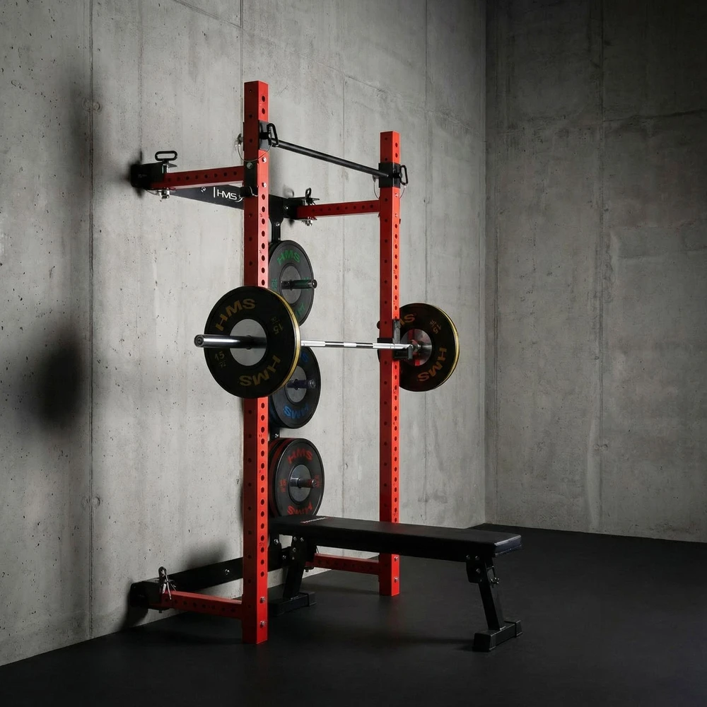 Prie sienos tvirtinama slankiojanti jėgos gardelė su suoliuku KLT34, raudona, HMS Fitness