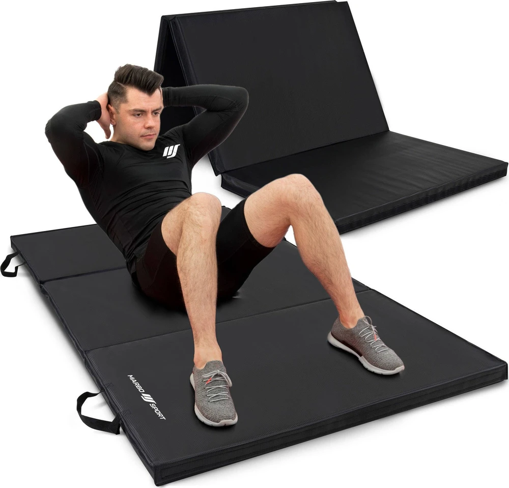 Sudedamas kietas gimnastikos kilimėlis su lipukais, 180 x 90 x 5 cm, juodas - Marbo Sport
