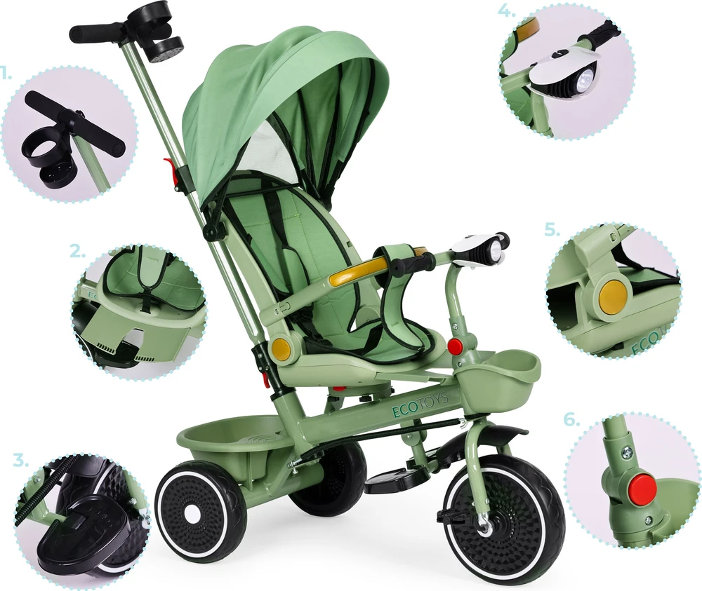Triratukas 2in1 vežimėlis su pasukama sėdyne ir sulankstomu stogeliu žalias - ECOTOYS