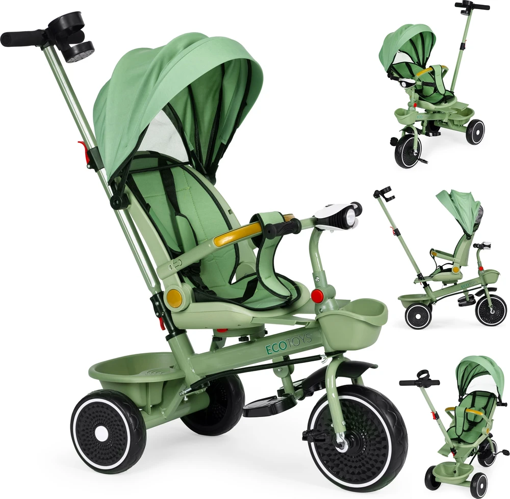 Triratukas 2in1 vežimėlis su pasukama sėdyne ir sulankstomu stogeliu žalias - ECOTOYS