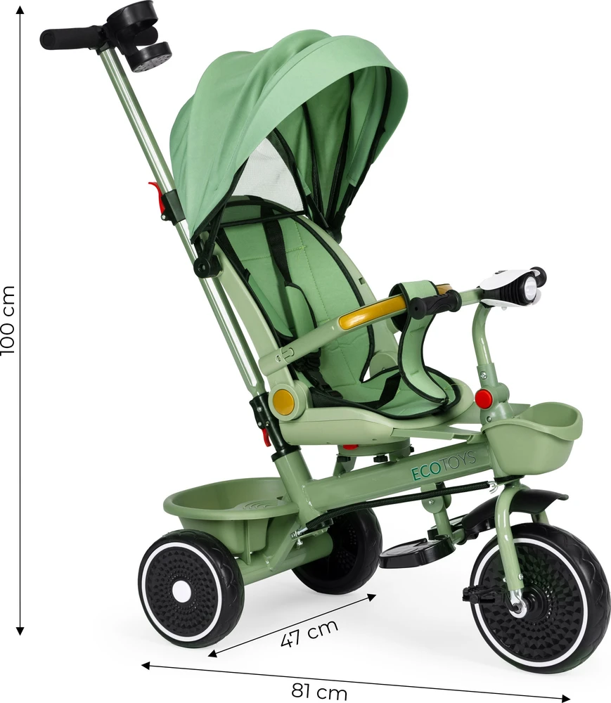 Triratukas 2in1 vežimėlis su pasukama sėdyne ir sulankstomu stogeliu žalias - ECOTOYS
