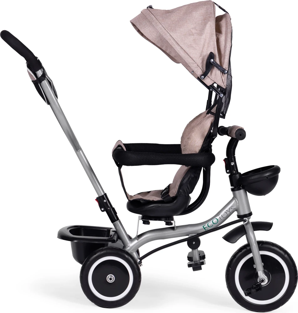 Triratukas-vežimėlis 2-in-1 ECOTOYS, pasukama sėdynė, sulankstomas stogelis, smėlio spalvos