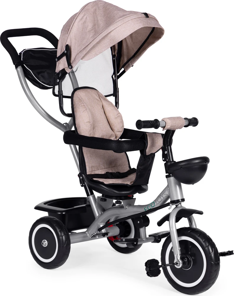 Triratukas-vežimėlis 2-in-1 ECOTOYS, pasukama sėdynė, sulankstomas stogelis, smėlio spalvos