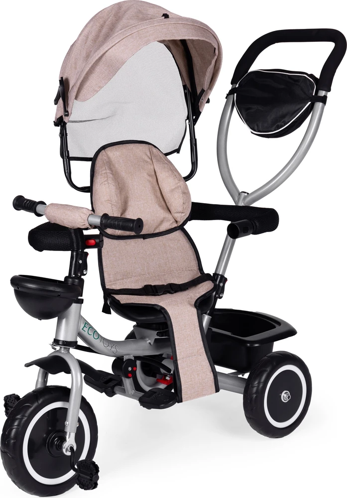 Triratukas-vežimėlis 2-in-1 ECOTOYS, pasukama sėdynė, sulankstomas stogelis, smėlio spalvos