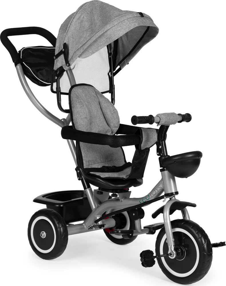 Triratukas-vežimėlis 2-in-1 ECOTOYS, sukioji sėdynė, sudedamas stogelis, pilkas