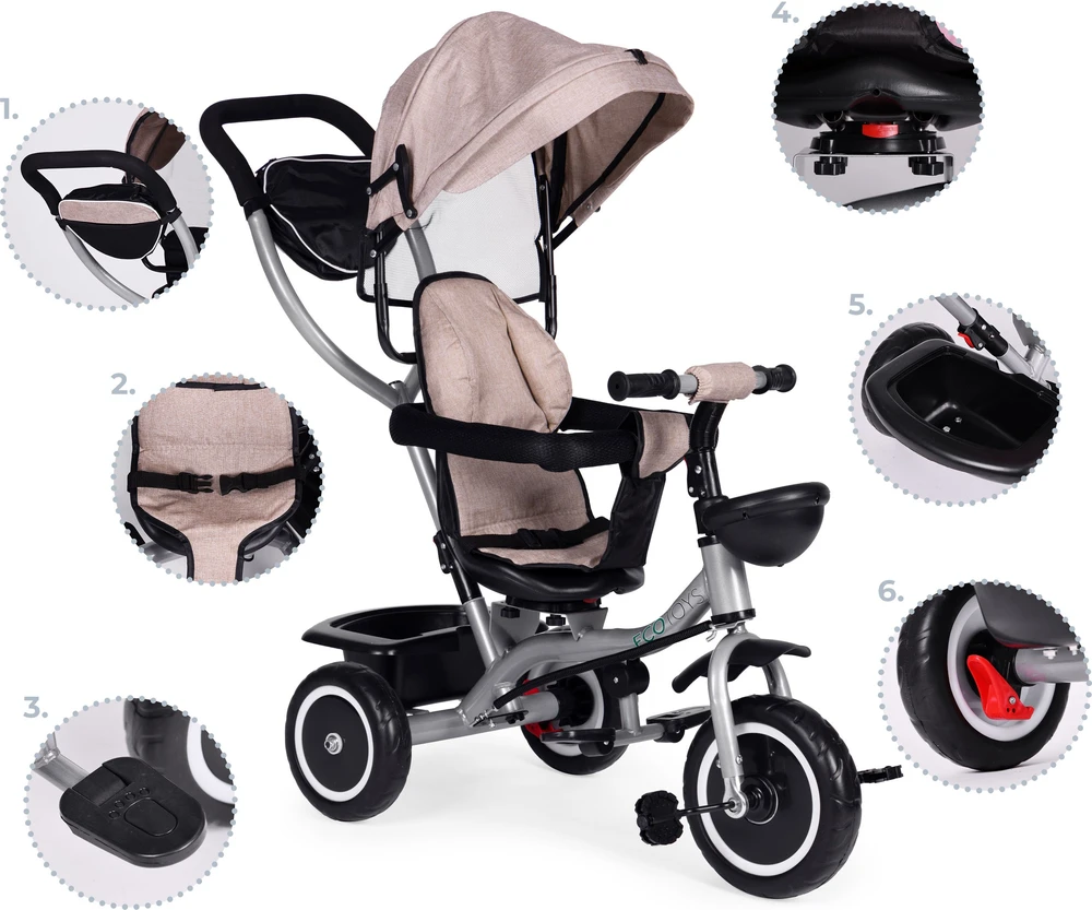 Triratukas-vežimėlis 2-in-1 ECOTOYS, pasukama sėdynė, sulankstomas stogelis, smėlio spalvos
