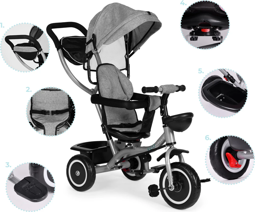 Triratukas-vežimėlis 2-in-1 ECOTOYS, sukioji sėdynė, sudedamas stogelis, pilkas