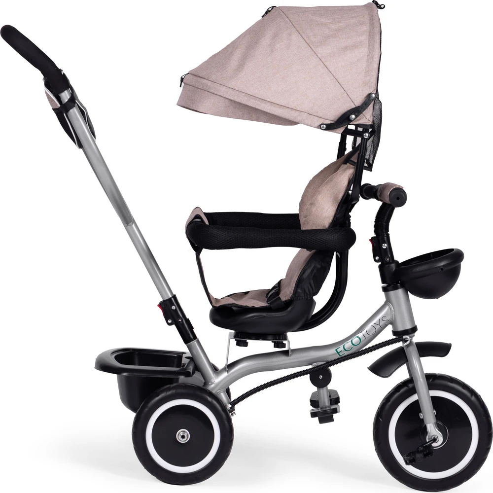 Triratukas-vežimėlis 2-in-1 ECOTOYS, pasukama sėdynė, sulankstomas stogelis, smėlio spalvos