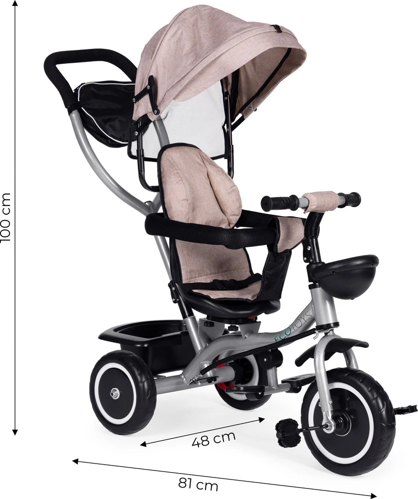 Triratukas-vežimėlis 2-in-1 ECOTOYS, pasukama sėdynė, sulankstomas stogelis, smėlio spalvos