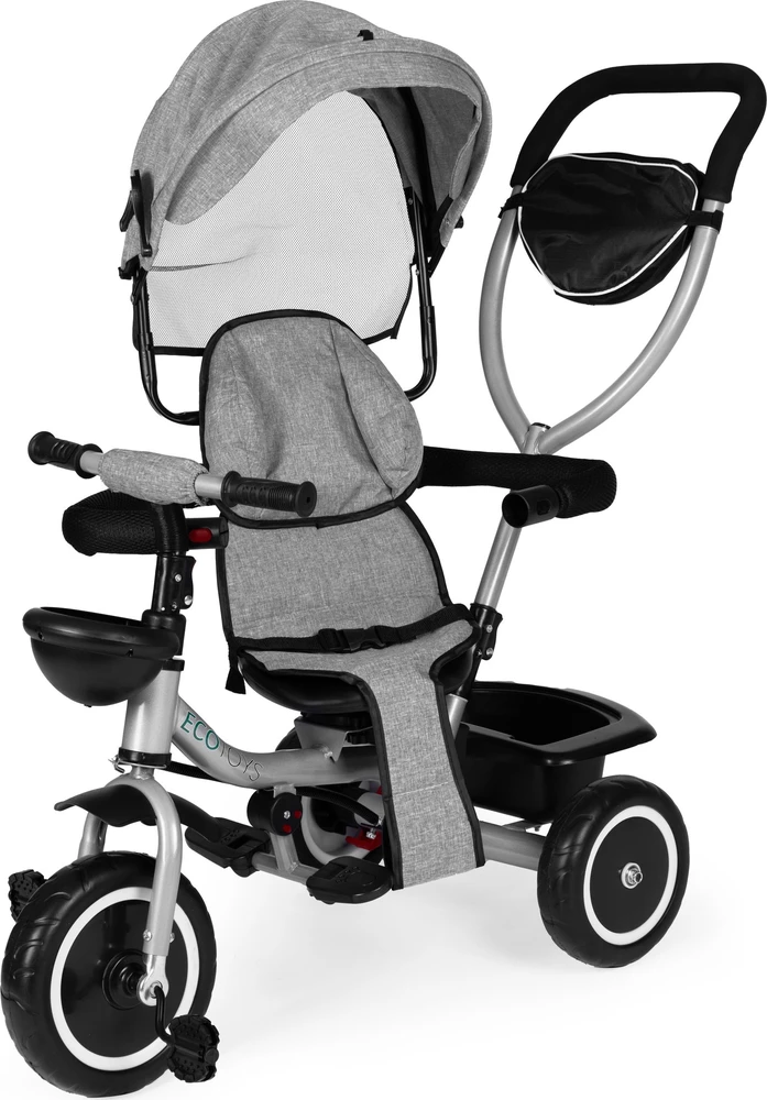 Triratukas-vežimėlis 2-in-1 ECOTOYS, sukioji sėdynė, sudedamas stogelis, pilkas
