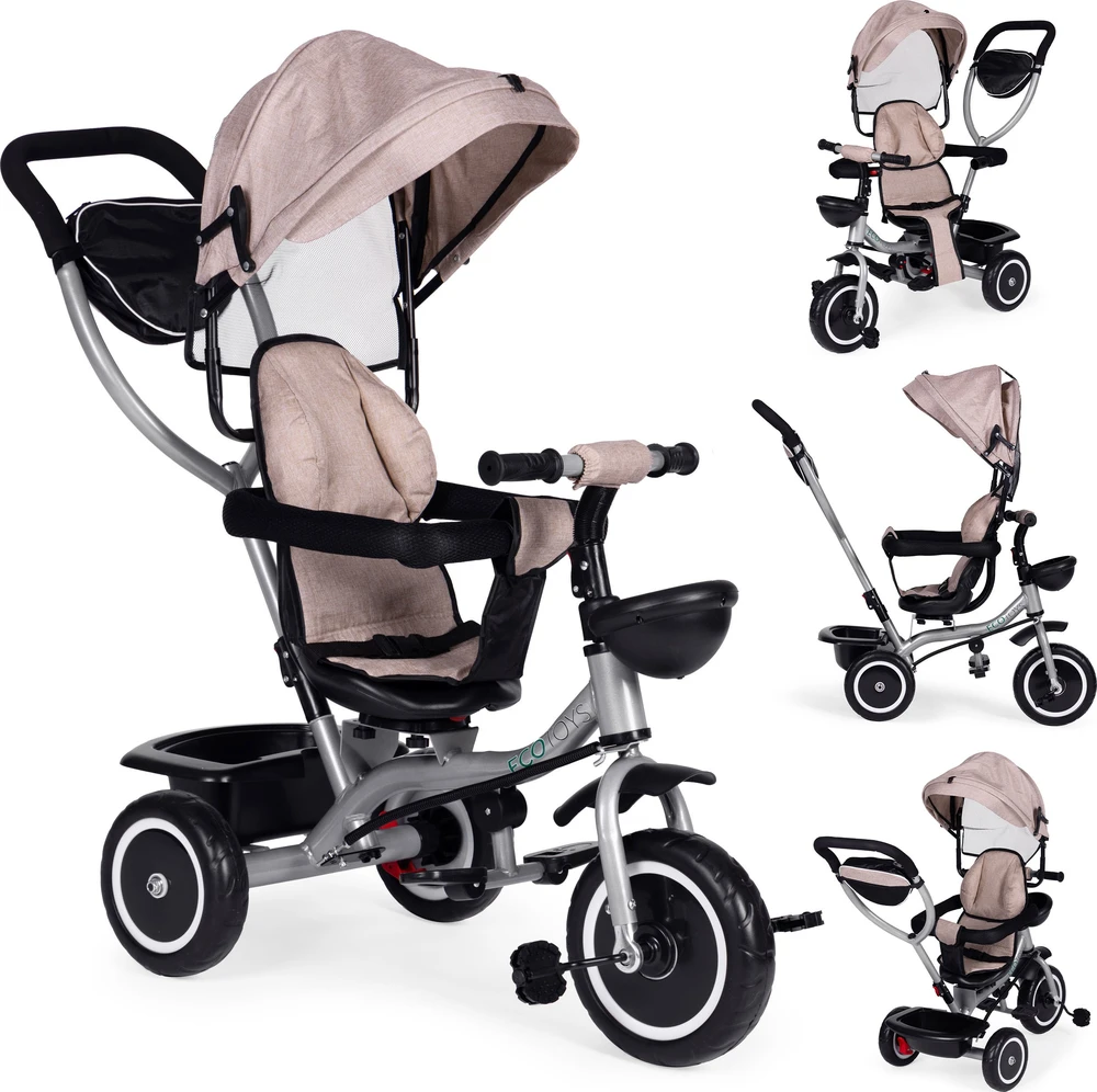 Triratukas-vežimėlis 2-in-1 ECOTOYS, pasukama sėdynė, sulankstomas stogelis, smėlio spalvos